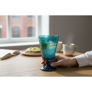 Glass Goblets Set of 4 Teal Blue NWOT Embossed Floral Scroll